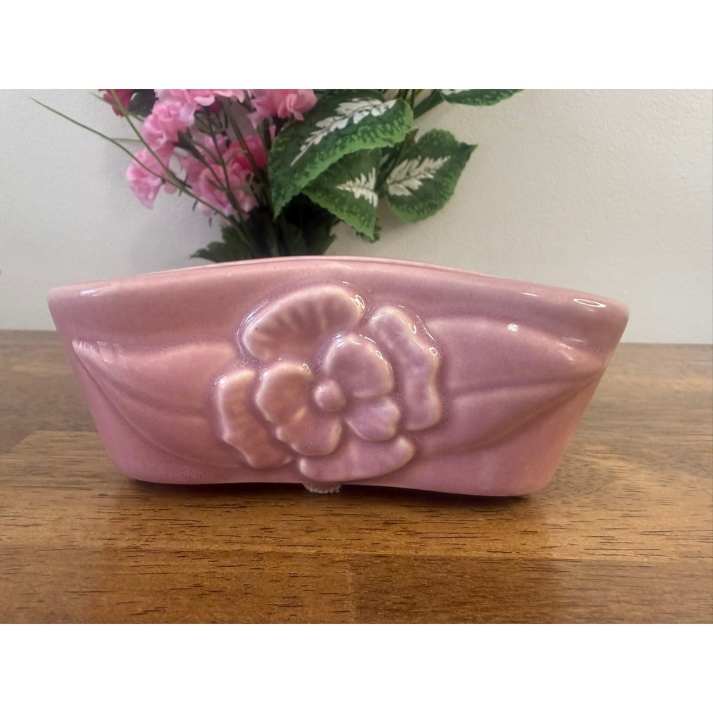Vintage Pink Ceramic Planter Floral Bow Pottery Cottage Decor Mid Century Decor